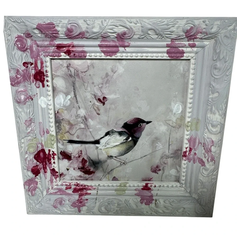 New View Gifts Bird Framed Wall Art Set of 2 Pink White Shabby Chic Floral 10x10